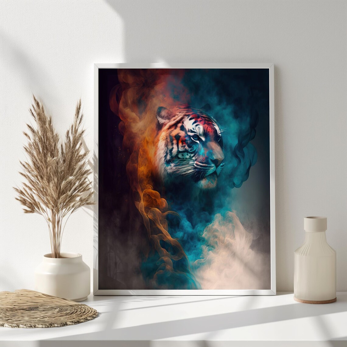 Tiger Head In Colorful Smoke Teal Orange Surreal Animal Art Poster