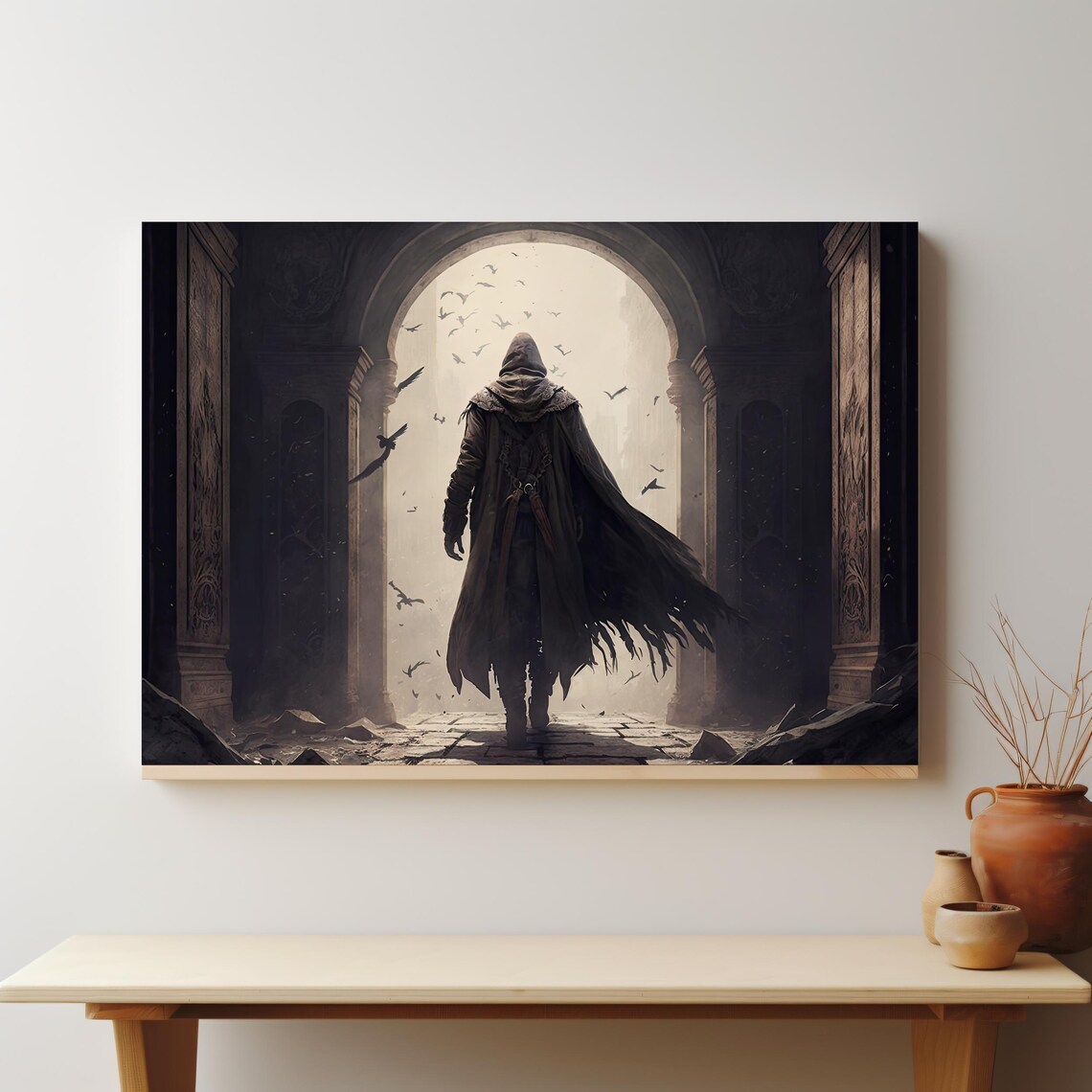 Dark Fantasy Hooded Cloaked Figure Gothic Archway Ruins Mystic Art Poster
