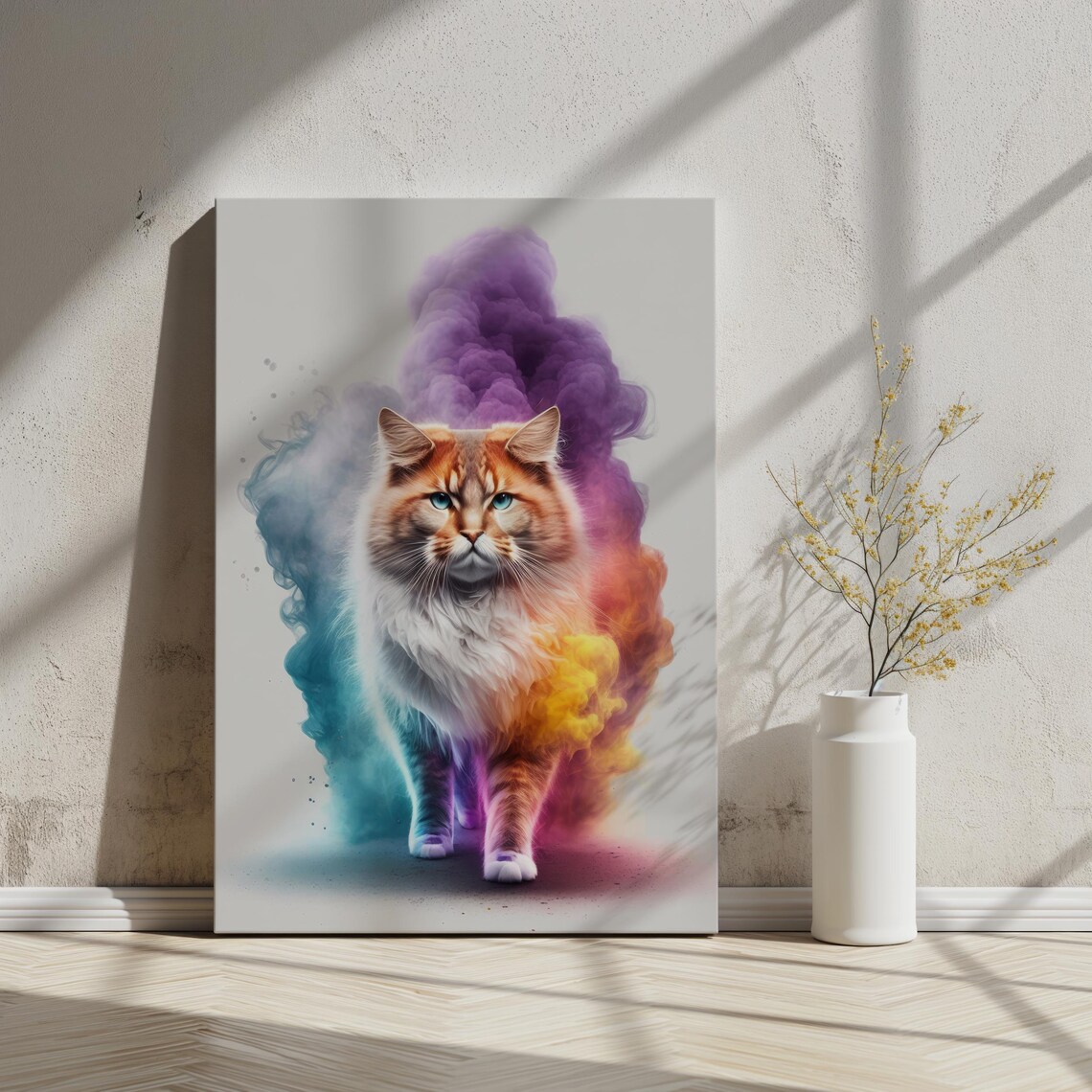 Fluffy Cat Rainbow Smoke Long Hair Cat Nursery Animal Art Poster