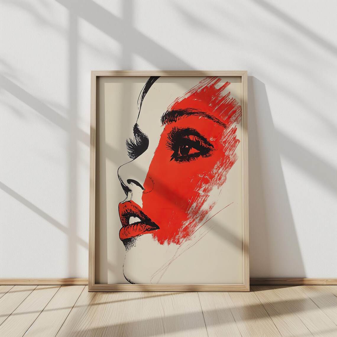 Bold Red Pop Art Female Profile Portrait Black Line Art Poster