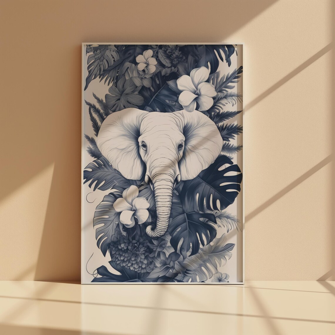 Monochrome Elephant Tropical Leaves Jungle Wildlife Safari Art Poster - Image 7