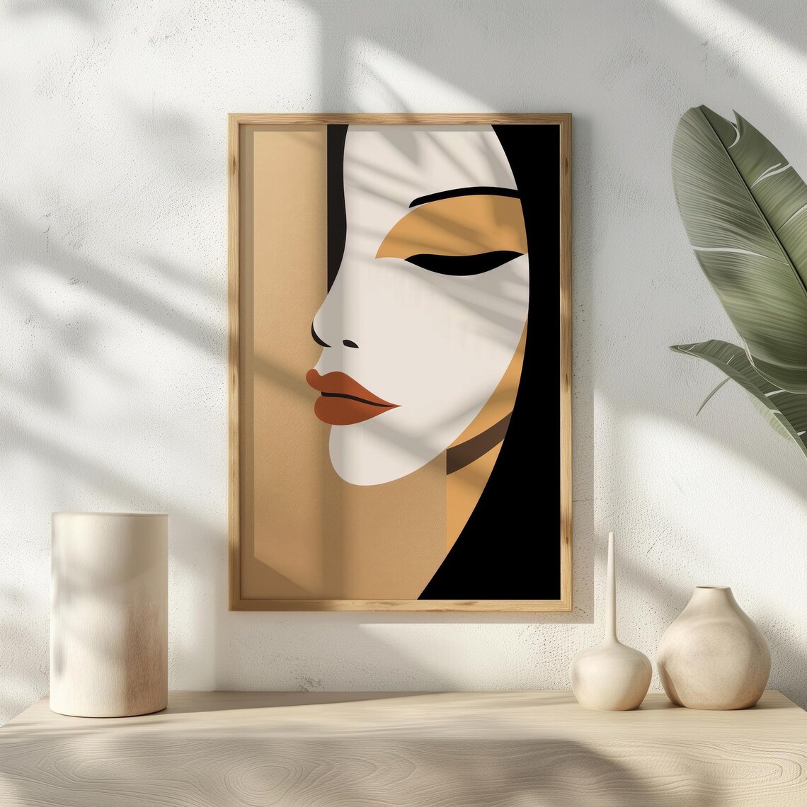 Minimalist Woman Profile Portrait Cream Black Gold Closed Eyes Art Print - Image 2
