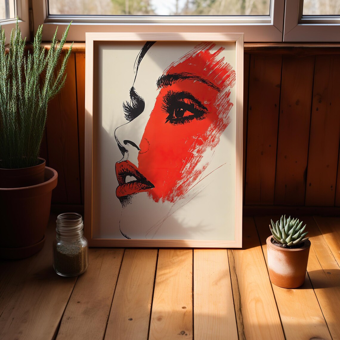 Bold Red Pop Art Female Profile Portrait Black Line Art Poster - Image 4