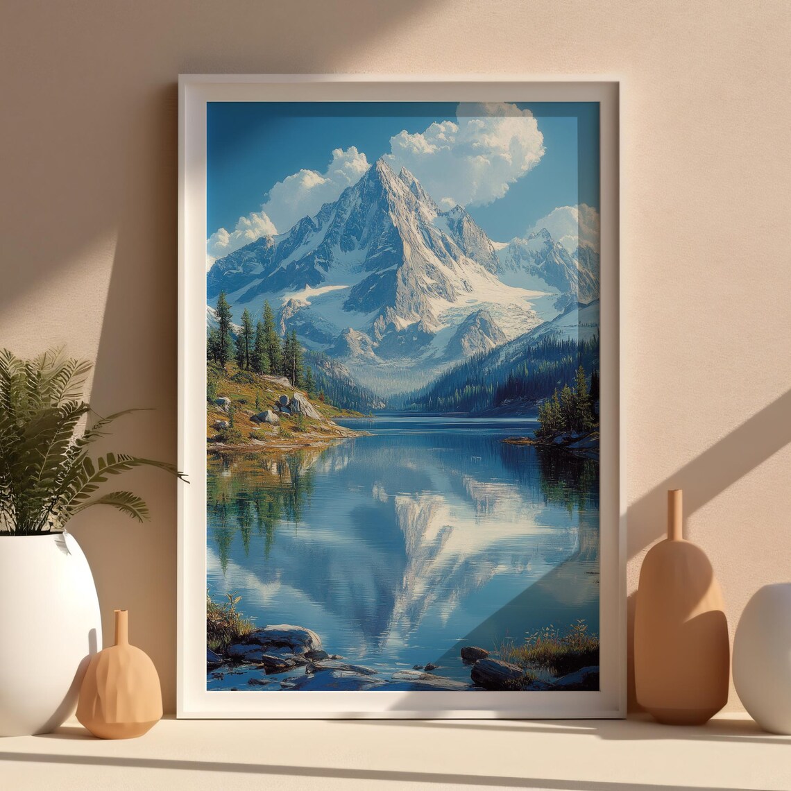 Realistic Mountain Lake Wall Art Snow Capped Peaks Reflection Evergreen Forest Serene Landscape Home Decor Art - Image 7