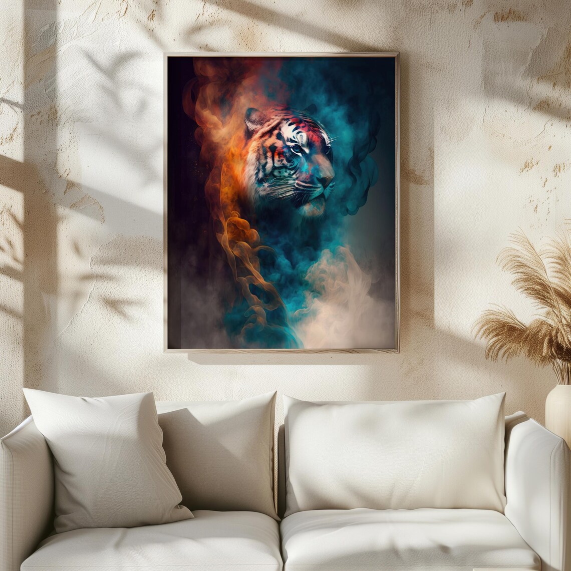 Tiger Head In Colorful Smoke Teal Orange Surreal Animal Art Poster - Image 4