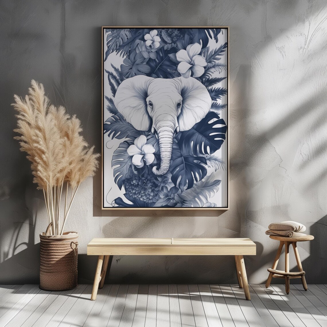 Monochrome Elephant Tropical Leaves Jungle Wildlife Safari Art Poster - Image 8