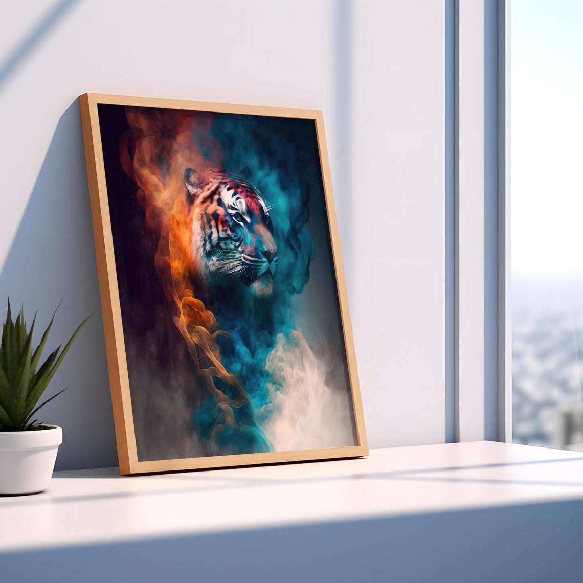 Tiger Head In Colorful Smoke Teal Orange Surreal Animal Art Poster - Image 7