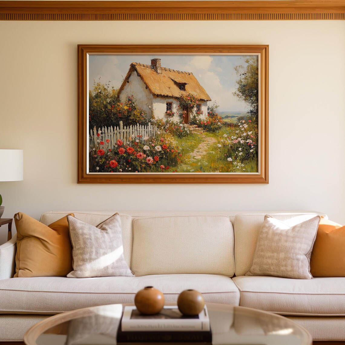 White Thatched Cottage Roses Garden Oil Painting Country Poster - Image 3