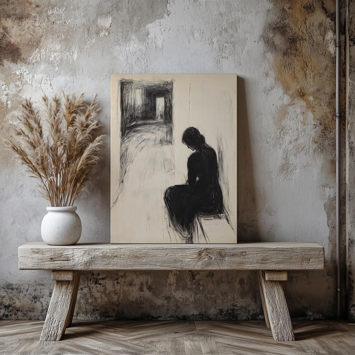 Lonely Seated Figure Charcoal Sketch Emotional Minimalist Art Poster - Image 3