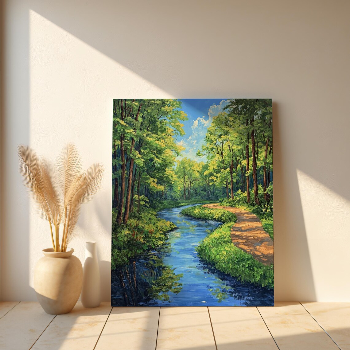 Serene Forest Stream Art Tranquil Nature Path With Lush Green Trees Peaceful Summer Landscape Wall Art Lush Forest - Image 3