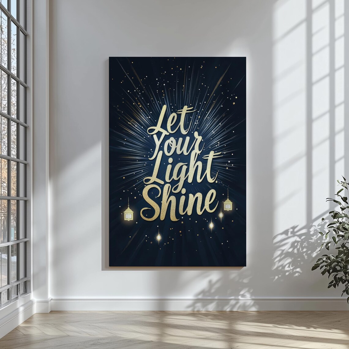 Let Your Light Shine Inspirational Print Gold Foil Typography Art Elegant Wall Decor With Dark Background And Glowing Lanterns Ai Art - Image 3