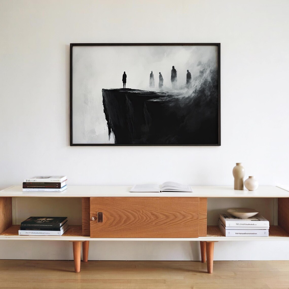 Lone Figure Cliff Edge Surreal Black White Fog Figures Poster - Image 4