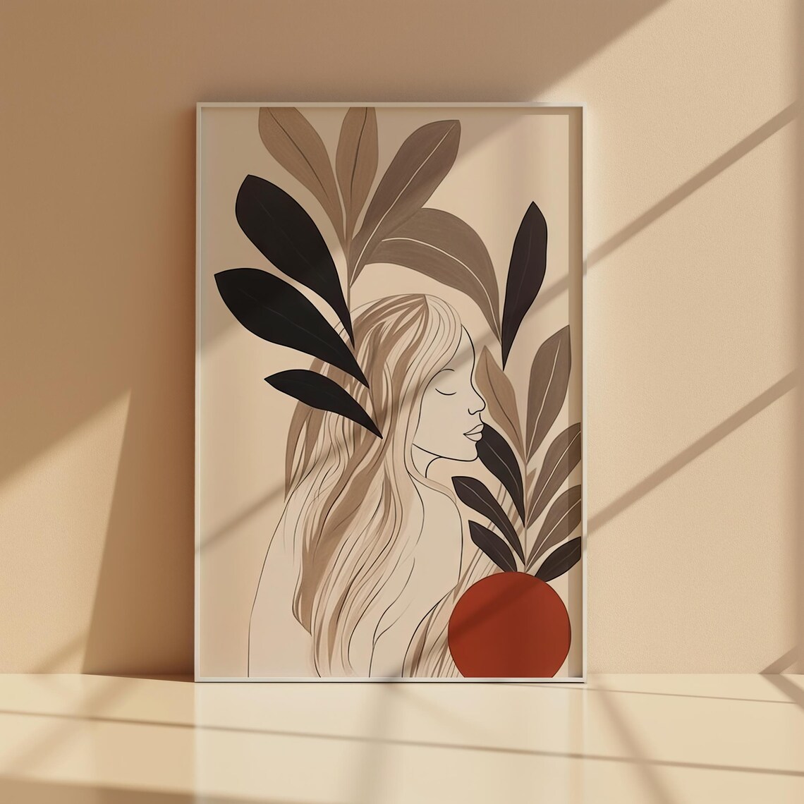 Minimalist Botanical Woman Line Art Earthy Leaves Flowing Hair Poster - Image 7