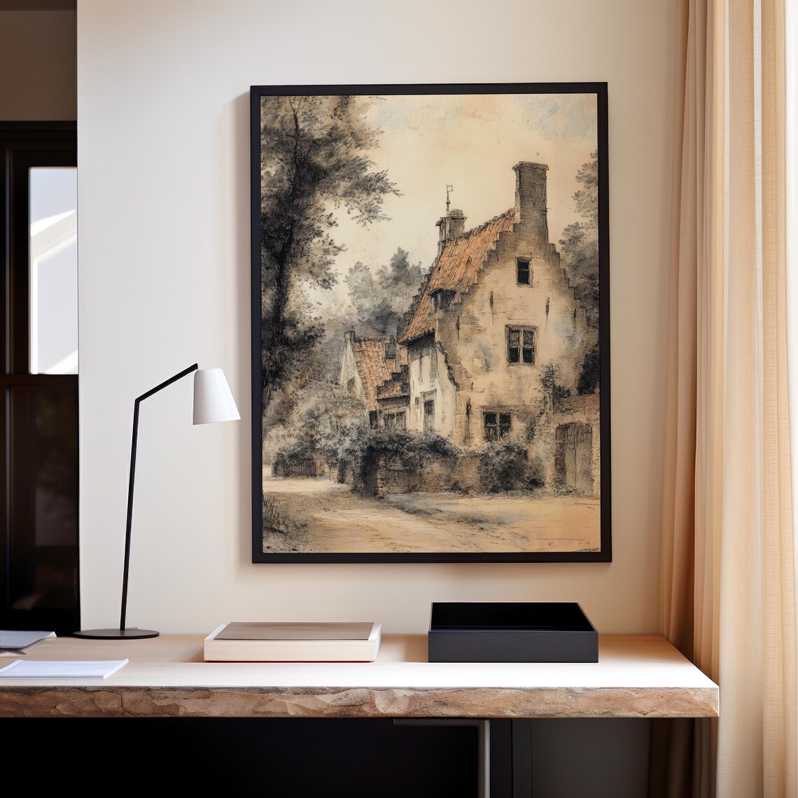 Vintage European Cottage Illustration Old Stone House Lane Poster - Image 8