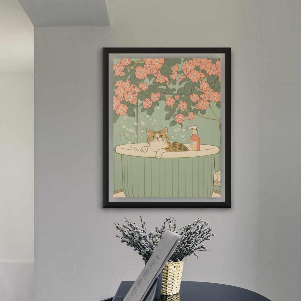 Tabby Cat Soaking In Mint Bubble Tub Under Cherry Blossom Poster - Image 4