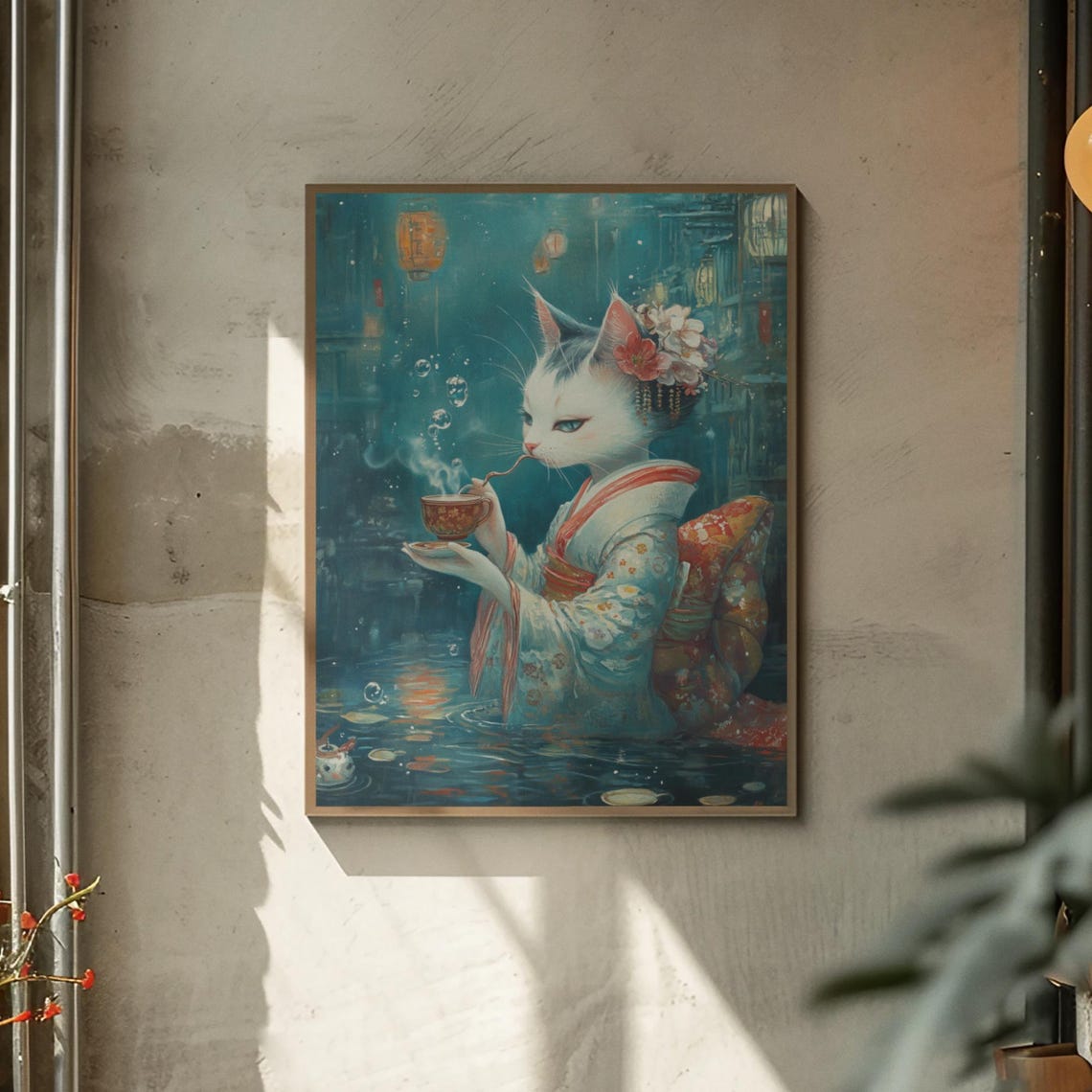 Elegant White Cat In Kimono Drinking Tea In Underwater Scene Poster - Image 2