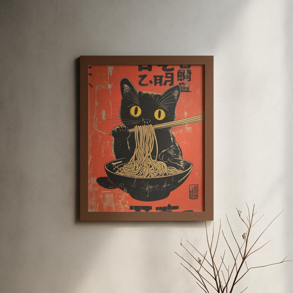 Black Cat Slurping Noodles In Woodblock Style Red Retro Poster - Image 6