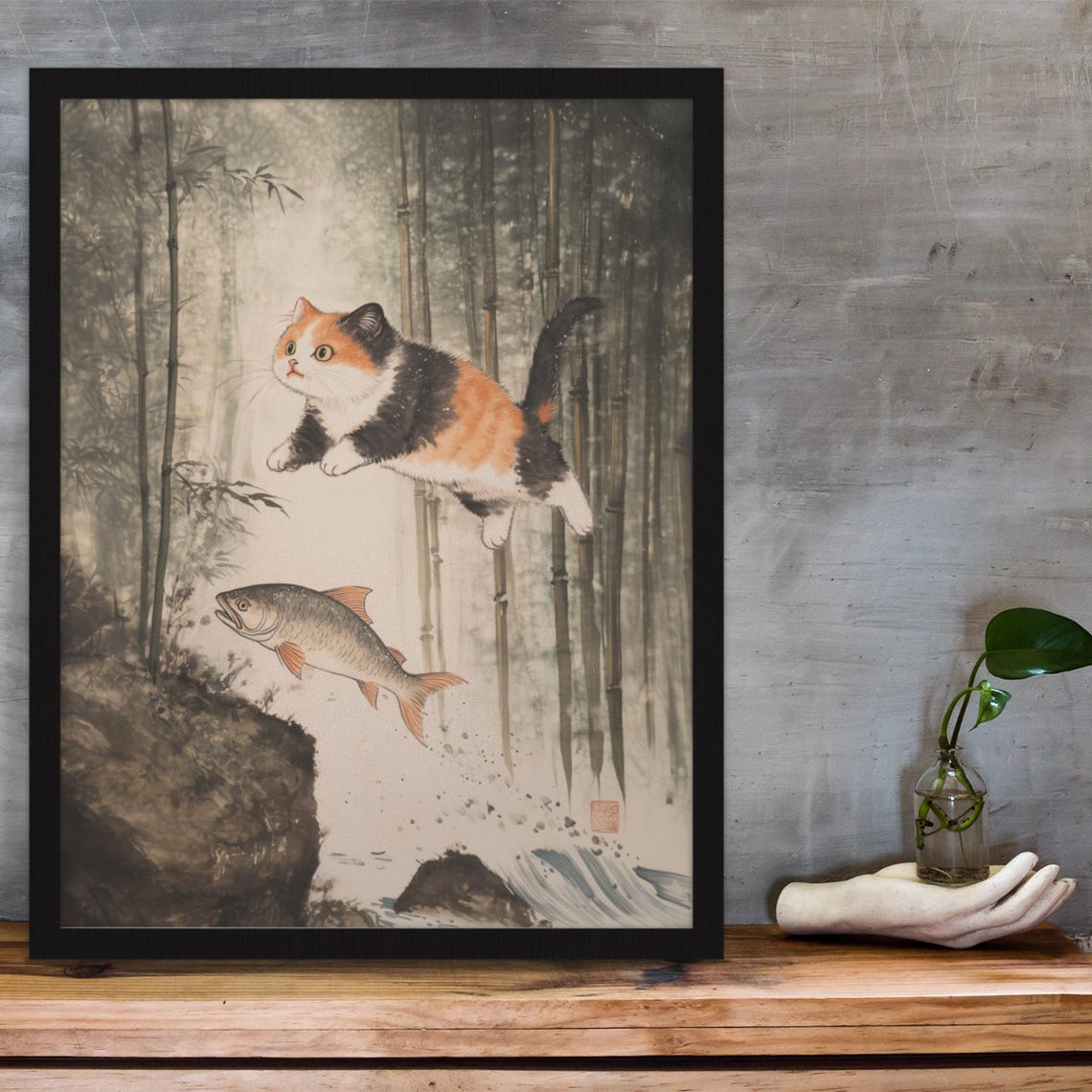 Calico Cat Leaping For A Fish In A Misty Bamboo Forest Ink Poster - Image 3
