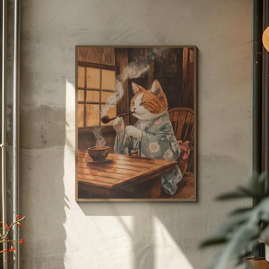 Orange Cat Smoking A Pipe In Floral Kimono At Tearoom Poster - Image 2