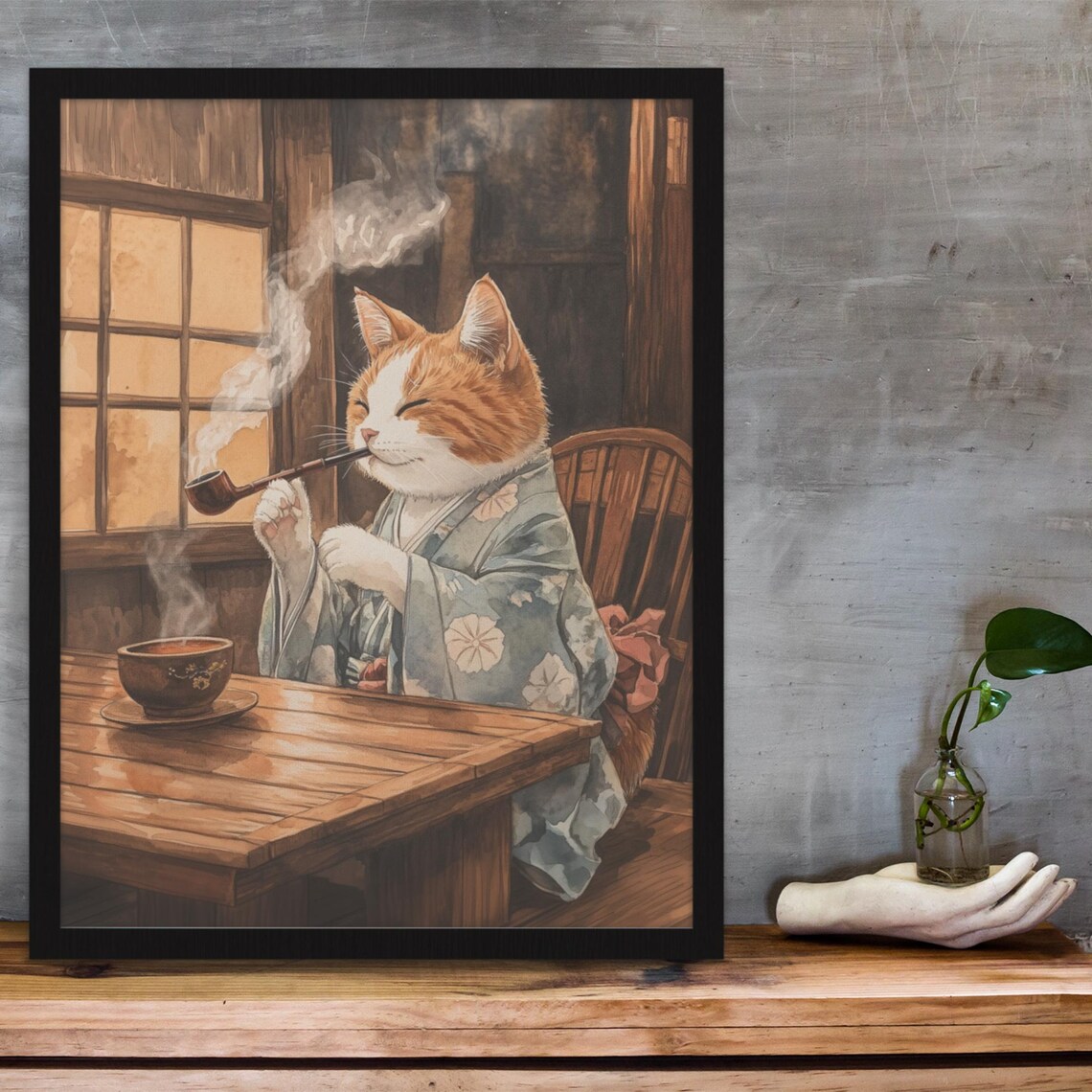 Orange Cat Smoking A Pipe In Floral Kimono At Tearoom Poster - Image 3