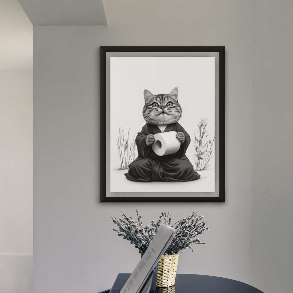 Tabby Cat In Kimono Holding A Toilet Paper Roll Bathroom Poster - Image 2