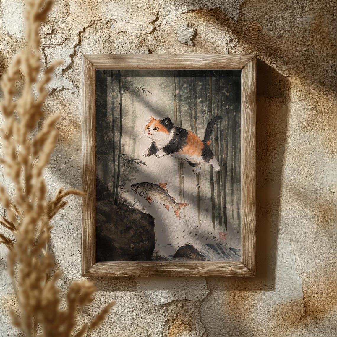 Calico Cat Leaping For A Fish In A Misty Bamboo Forest Ink Poster - Image 5