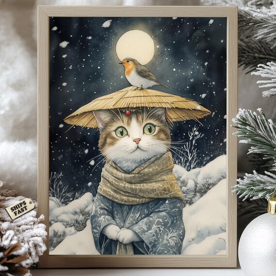 Tabby Cat In Straw Hat With A Robin Perched On A Snowy Night Poster