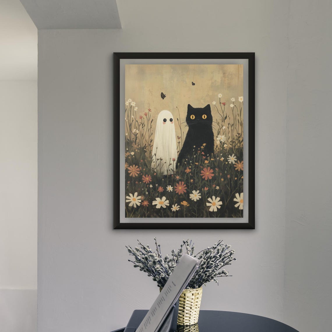 Black Cat And Cute Ghost In Wildflower Meadow Vintage Poster - Image 4
