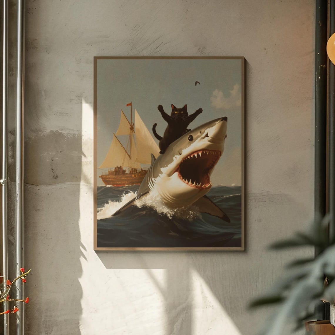 Black Cat Triumphantly Riding A Great White Shark Ocean Poster - Image 2
