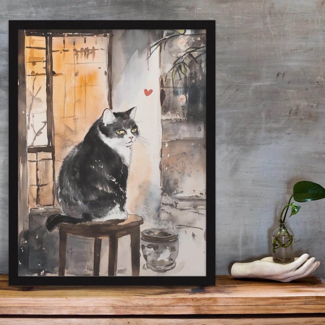 Tuxedo Cat On Stool By Glowing Shoji Window Red Heart Poster - Image 3