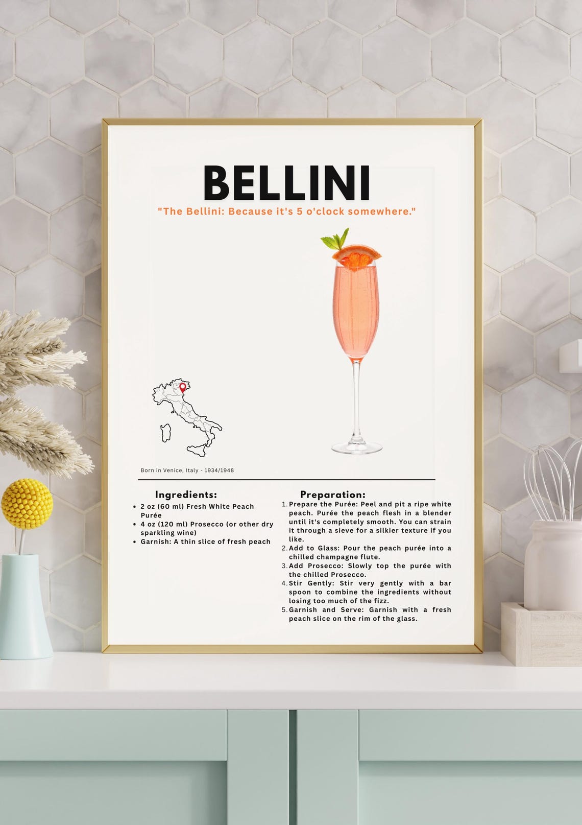 Bellini Cocktail Recipe Poster with Ingredients and Preparation
