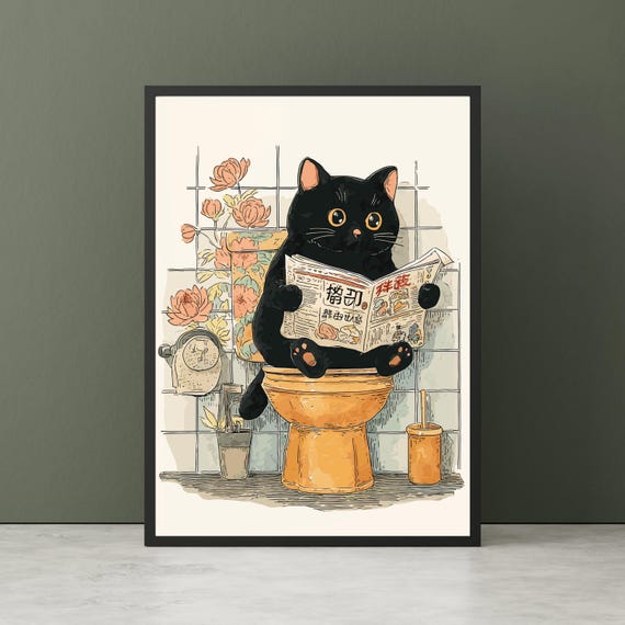 Japanese Black Cat Toilet Funny Bathroom Poster Print