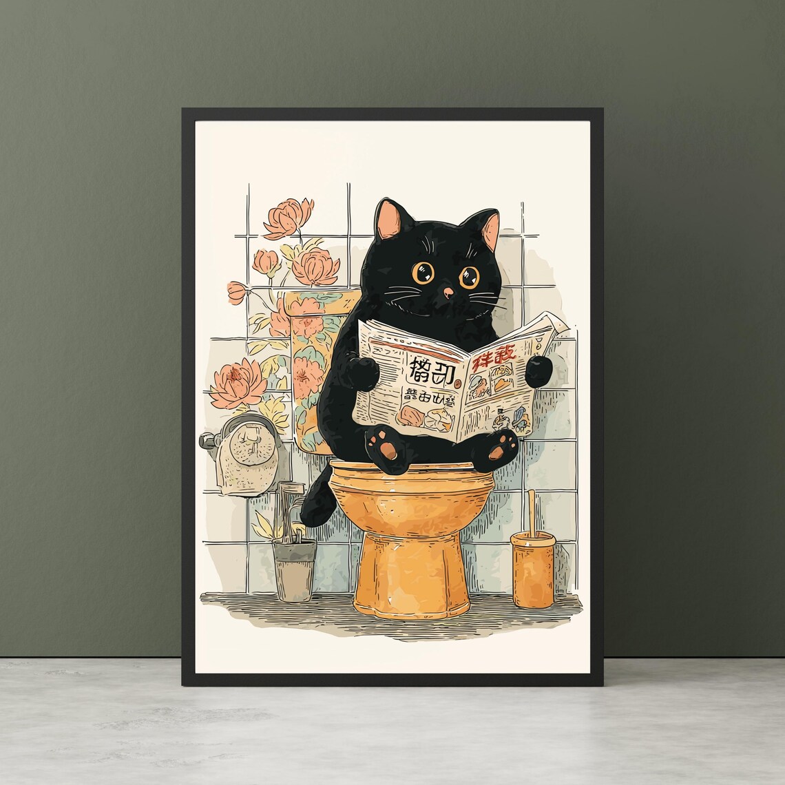 Japanese Black Cat Toilet Funny Bathroom Poster Print