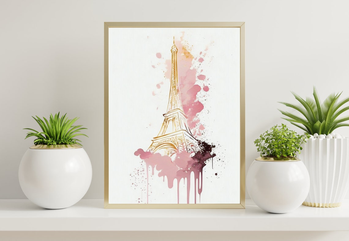 Pink Watercolor Eiffel Tower Paris Gold Romantic France Poster - Image 2