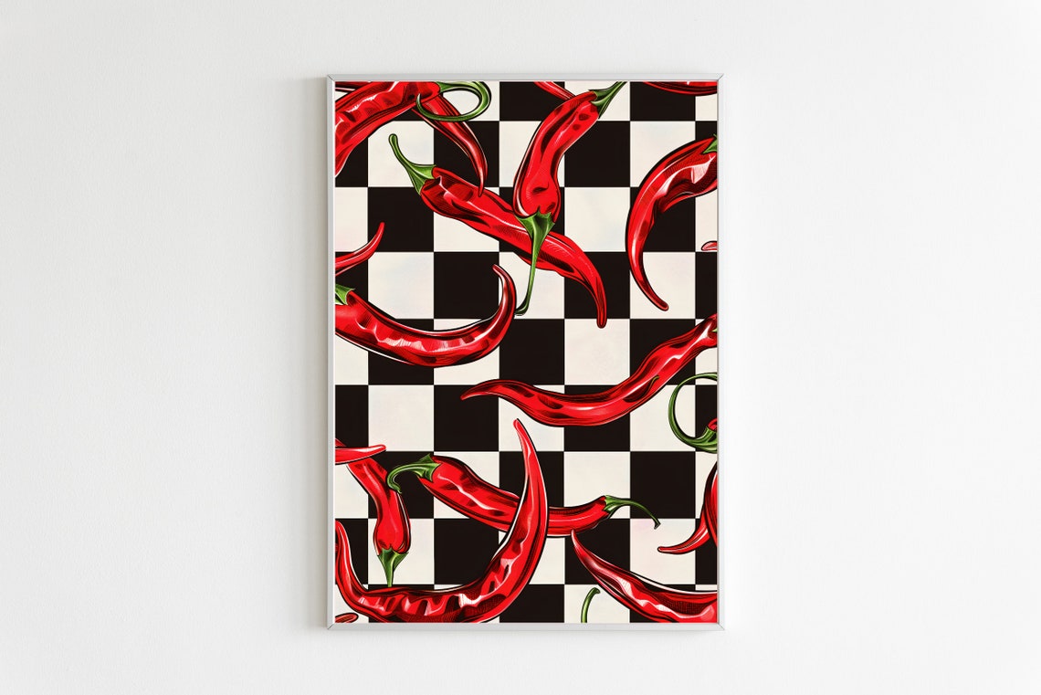 Red Chilli Peppers Checkered Background Maximalist Kitchen Poster