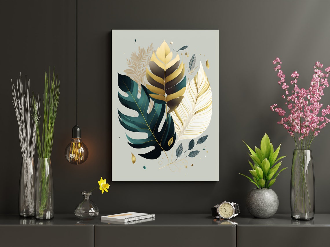 Deep Teal Monstera Gold Leaves Sage Background Botanical Poster - Image 2