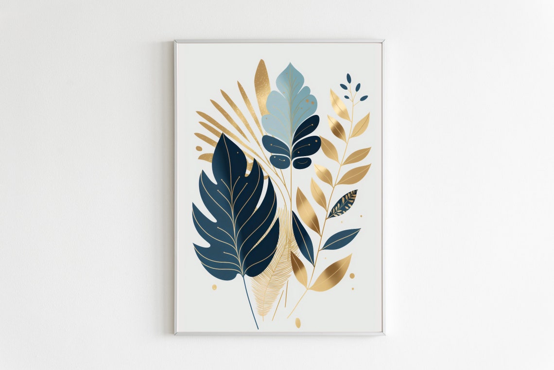 Navy Blue Gold Leaf Botanical Arrangement Luxe Modern Decor Poster