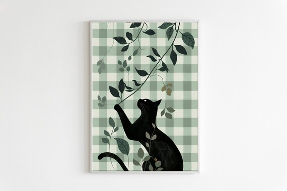 Sage Green Gingham Black Cat Botanical Leafy Chic Vintage Poster