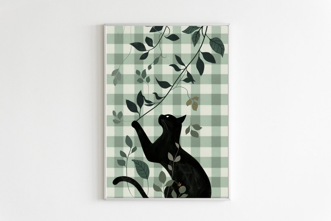 Sage Green Gingham Black Cat Botanical Leafy Chic Vintage Poster