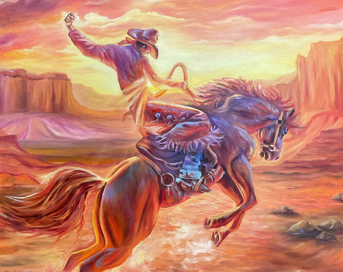 Cowboy Painting On Large Horse Oil Painting Original Orange Cowboy Art Modern Western Art Southwest Paintings Southwest Art For Walls