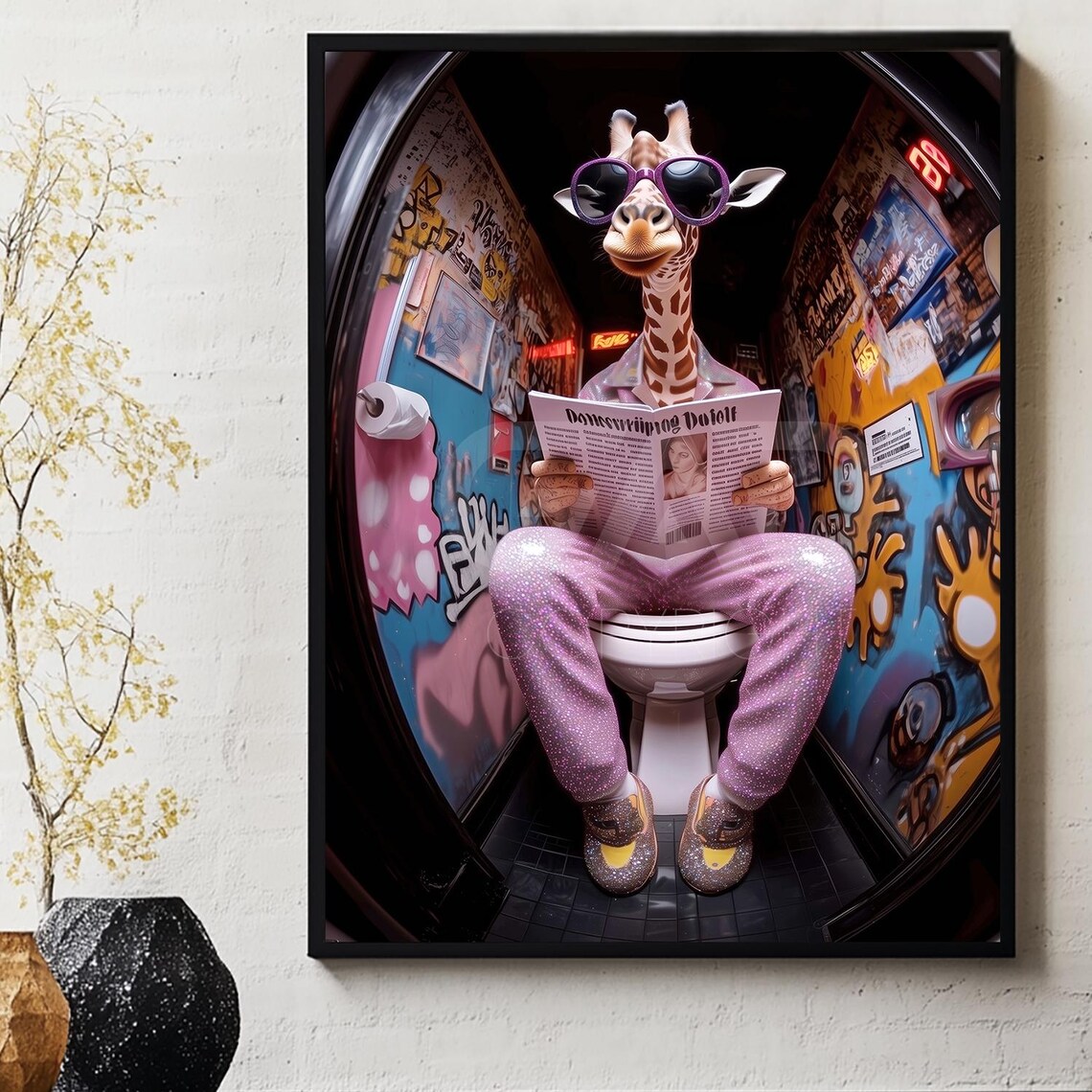Funny Giraffe in Sunglasses Reading on the Toilet Bathroom Poster