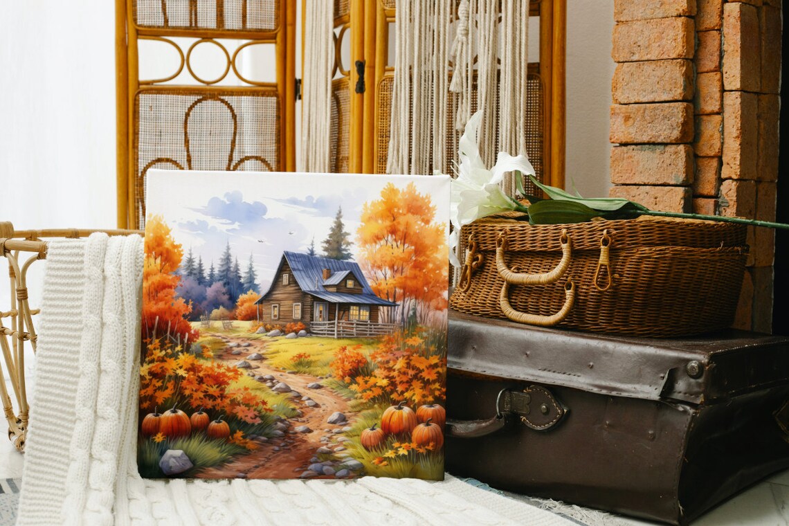 Watercolor Cabin In Autumn Art Print, Rustic Landscape - Image 4