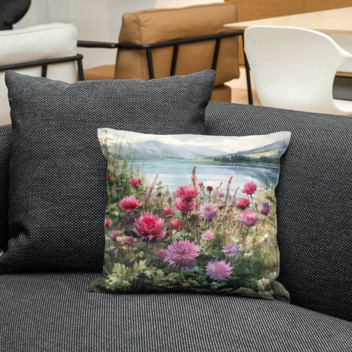 Watercolor Mountains Flowers Scene, Rustic Art Print