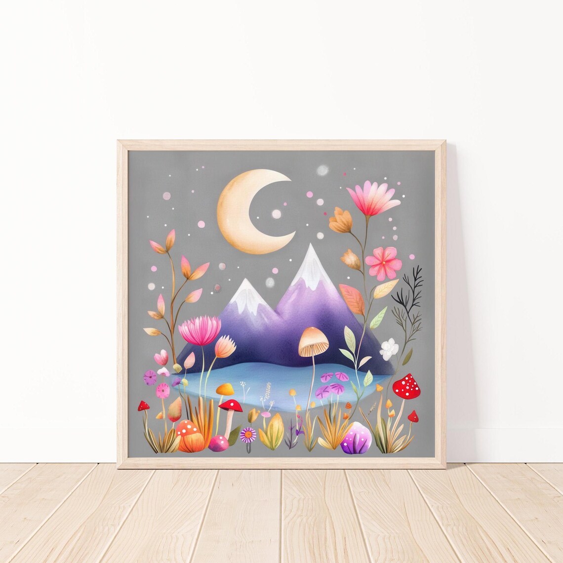 Whimsical Moonlit Fairy Garden Crescent Moon Wildflowers Magic Poster