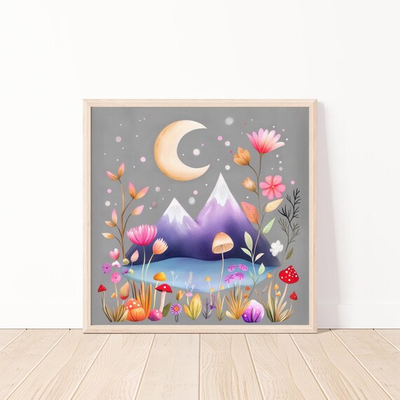 Whimsical Moonlit Fairy Garden Crescent Moon Wildflowers Magic Poster