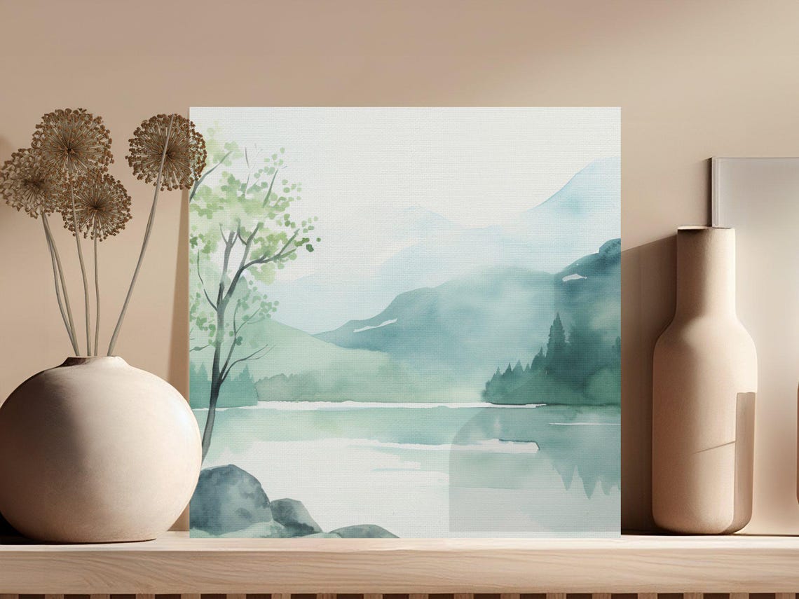 Misty Green Lake Watercolor With Birch Trees and Mountains Poster - Image 3