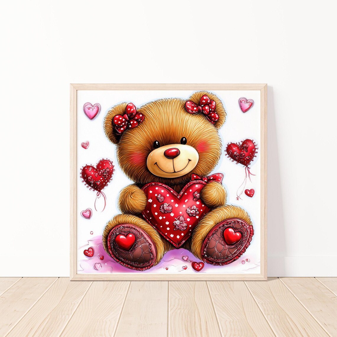 Cute Teddy Bear Holding Heart Watercolor Valentine Day Art Print - Image 4