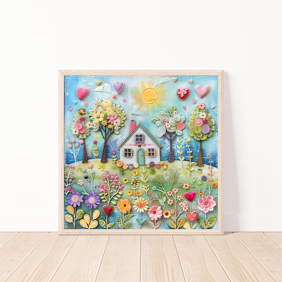 Whimsical Flower Cottage Garden Embroidery Style Home Wall Art