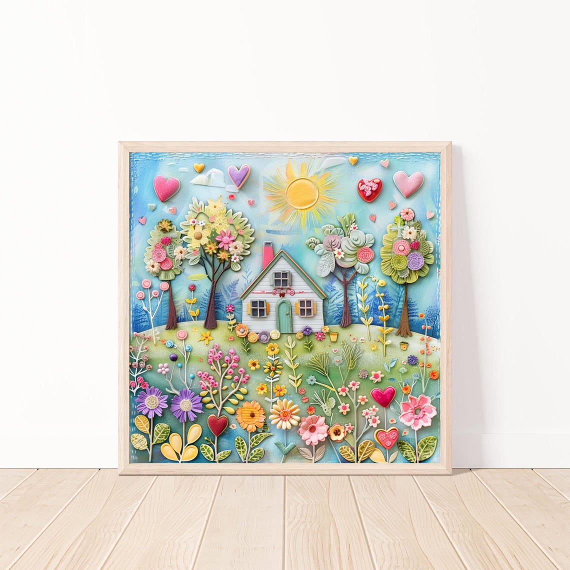 Whimsical Flower Cottage Garden Embroidery Style Home Wall Art