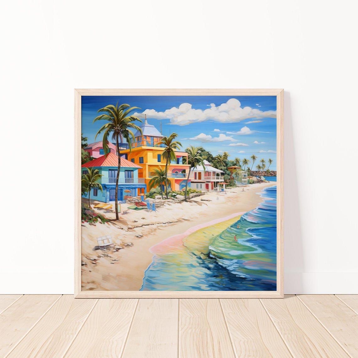 Colorful Beach Houses With Palm Trees on Turquoise Shore Poster
